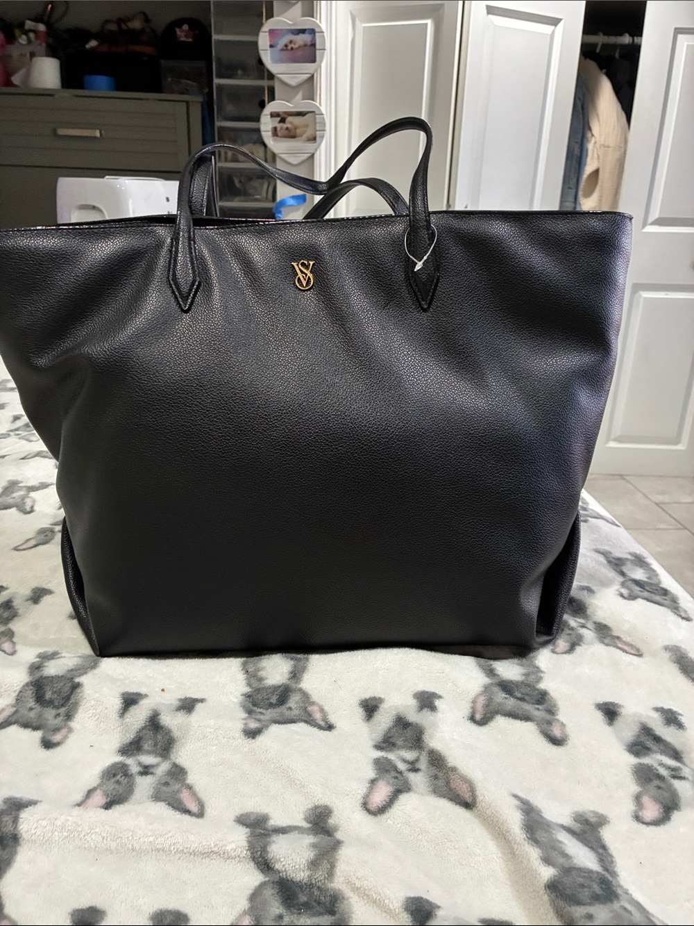 Victoria's Secret Black Pebbled Leather Tote with Gold Logo
